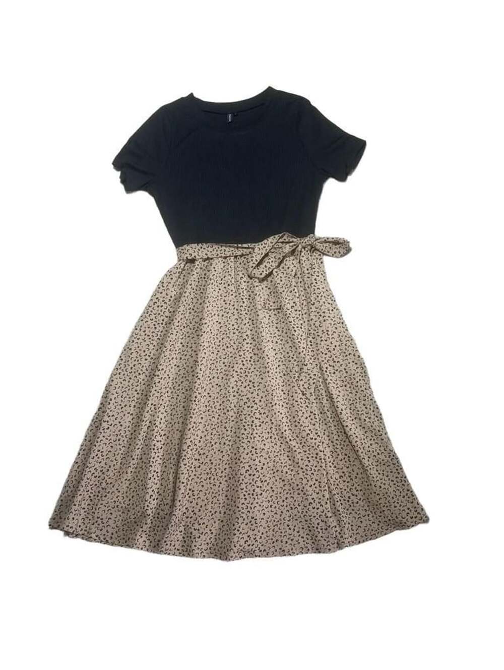 Zattcas Short Sleeve Ribbed Top Leopard Print Belted Midi Dress Style#ZA282-FBT
